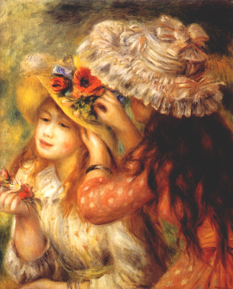 Girls putting flowers on their hats - Pierre-Auguste Renoir painting on canvas
